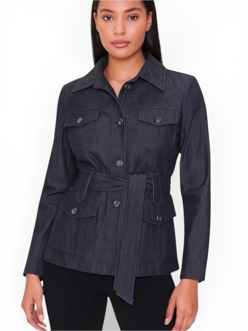 Sandro Paris Belted Stretch Dark Denim Jacket L Business Casual French Design